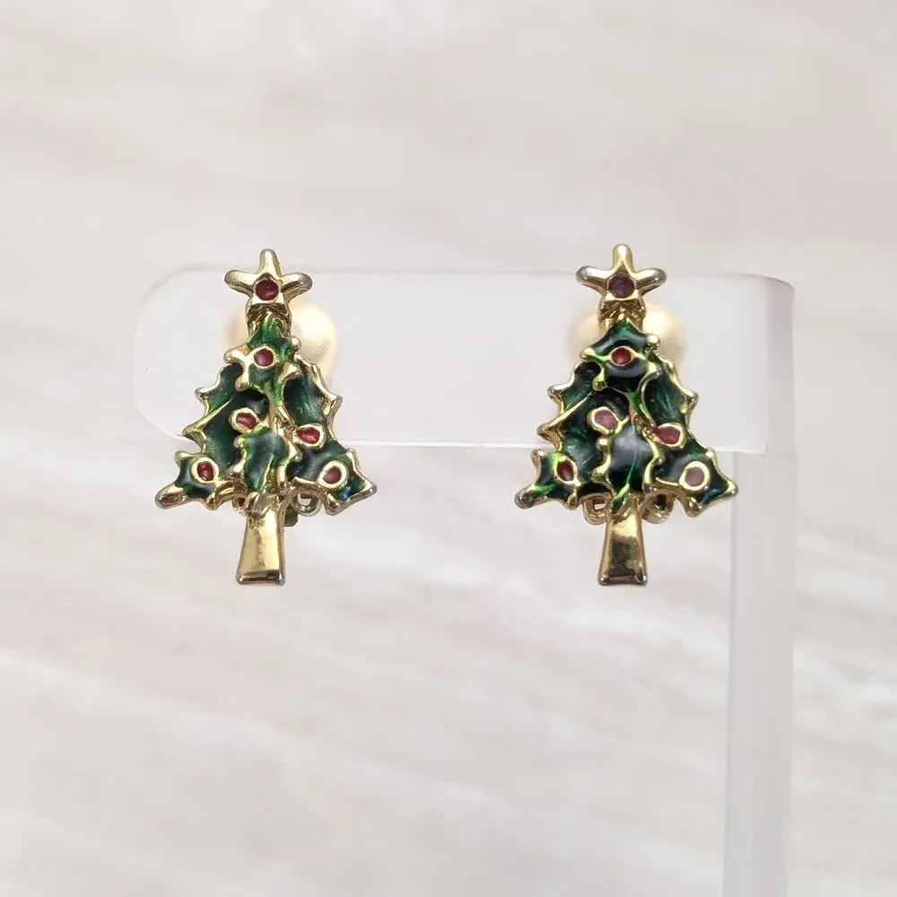 Vintage Clip On Earrings Gold Tone, Green & Red Christmas Tree